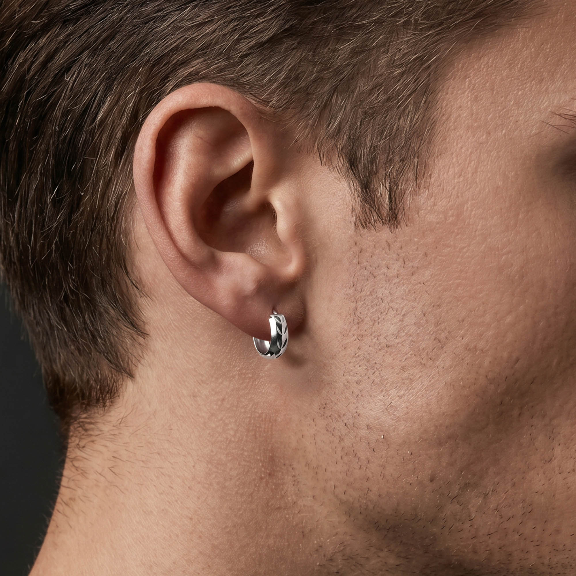 Engraved Leaf Huggie Hoop Earring