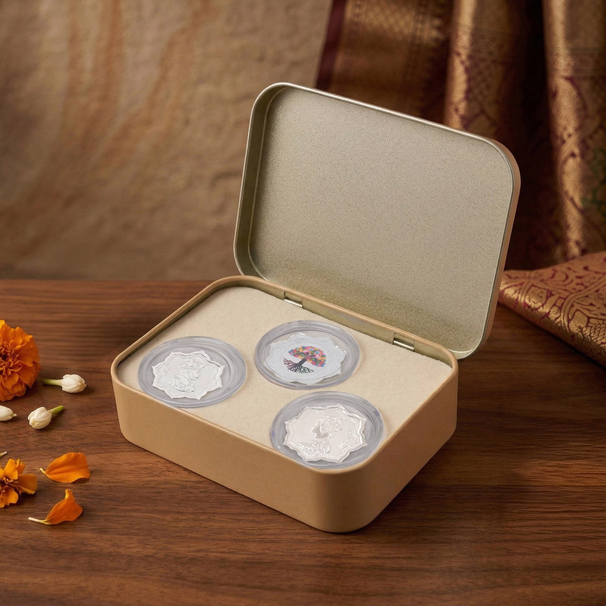 999 Silver Lakshmi Ganesha Kalpavriksha Coin Box (3 Coins)