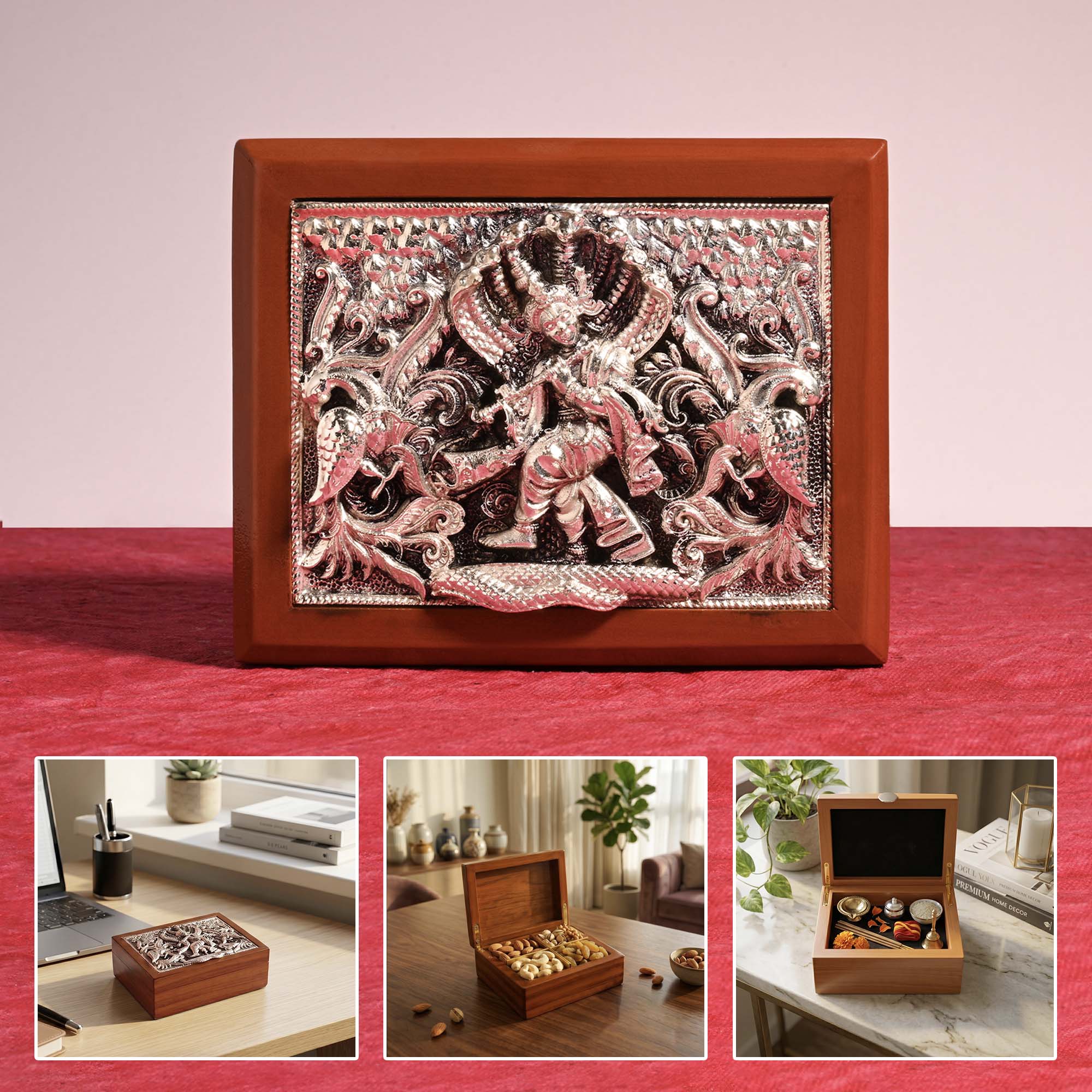 999 Silver Krishna Design Dry Fruit Gift Box