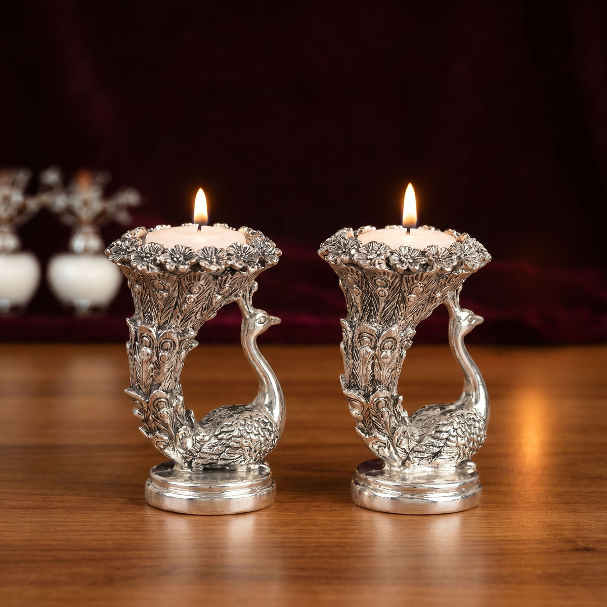 999 Silver Designer Peacock Candle Holder