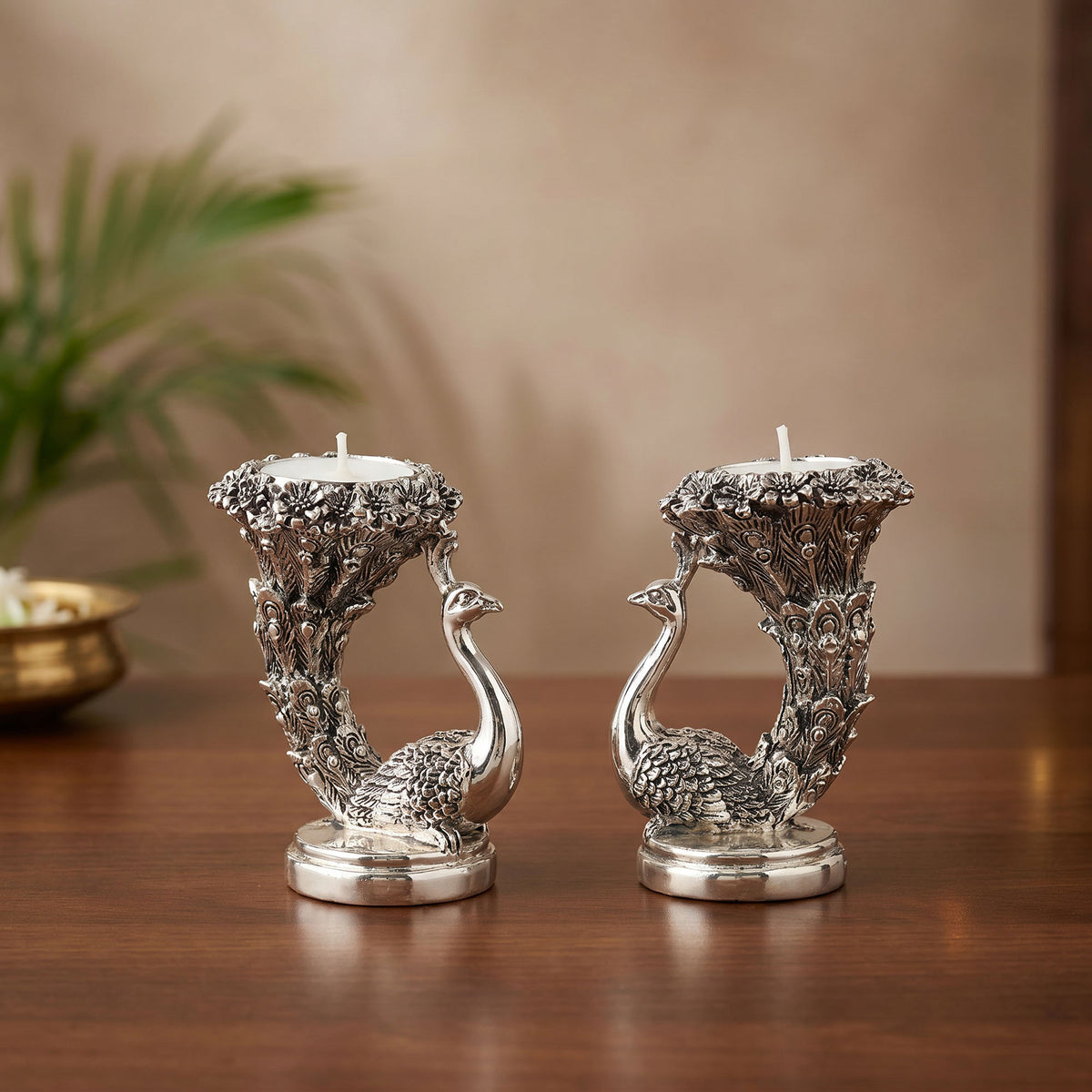999 Silver Designer Peacock Candle Holder