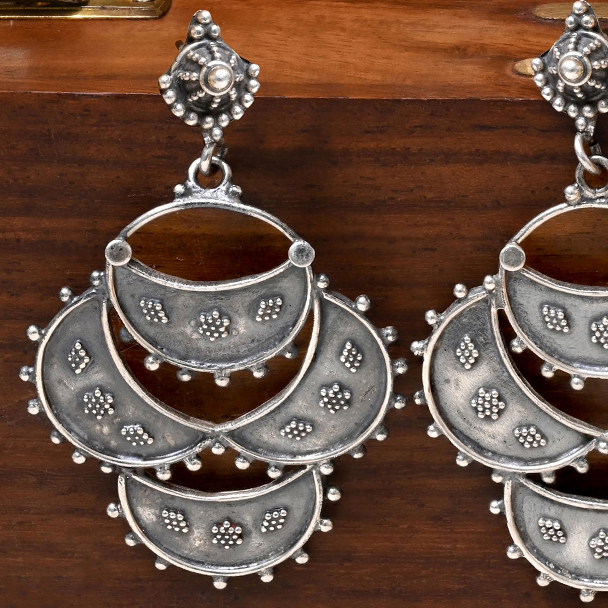 Layered Crescent Silver Earrings